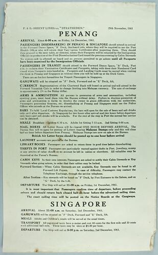 Notice - 'Penang' and 'Singapore', SS Stratheden, 29 Nov 1961