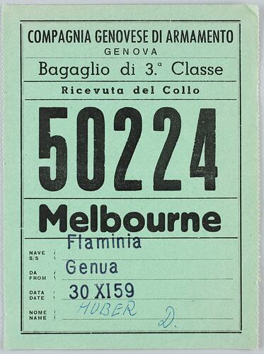 Baggage Receipt - Third Class, No. 50224, 'M/N Flaminia', 30 Nov 1959