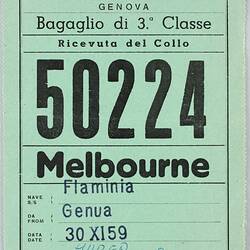 Baggage Receipt - Third Class, No. 50224, 'M/N Flaminia', 30 Nov 1959