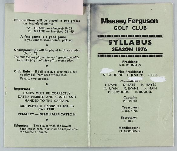 Syllabus - Massey-Ferguson Golf Club, Sunshine, Victoria, 1976