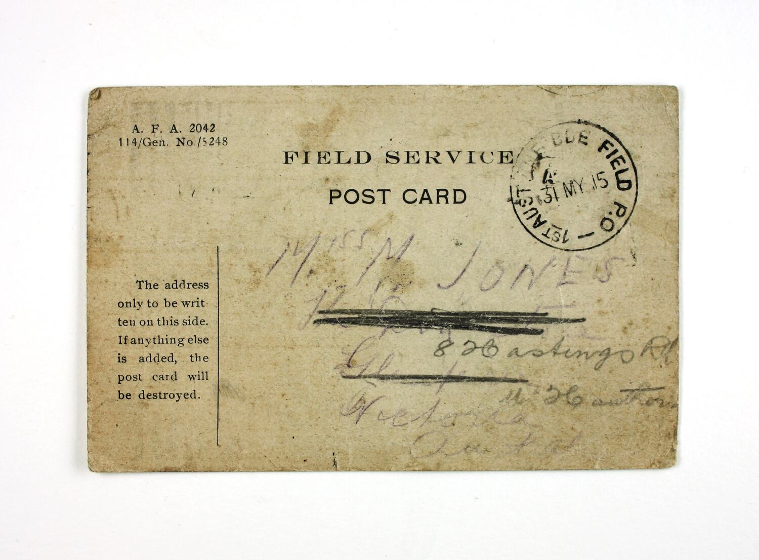 Postcard 'Field Service Post Card', 1st Australian Infantry Brigade Field P.O., World War I