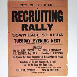 Leaflet - Recruiting Rally, St Kilda, World War I, 1916