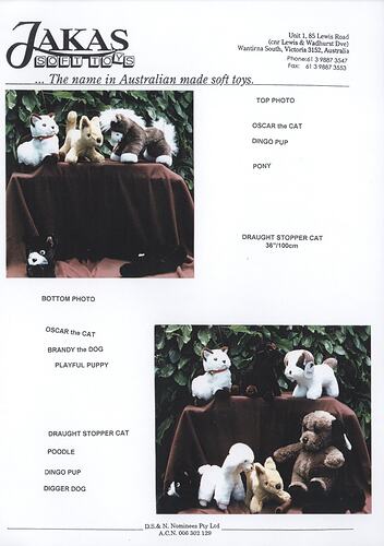 Advertising flyer - Jakas Soft Toys, Domestic Pet Animals, Melbourne, circa 1998
