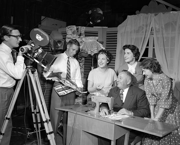 Television Studio, Man Working on a Sewing Machine, Victoria, 25 Mar 1959