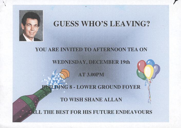 Invitation - Kodak Australasia Pty Ltd, Farewell Afternoon Tea for Shane Allan, Coburg, 19 Dec 2002