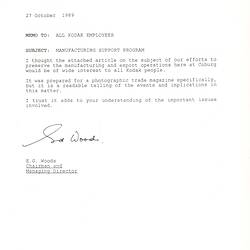 Memo - Kodak Australasia Pty Ltd, Ed Woods to Kodak Australasia Employees, 27 Oct 1989