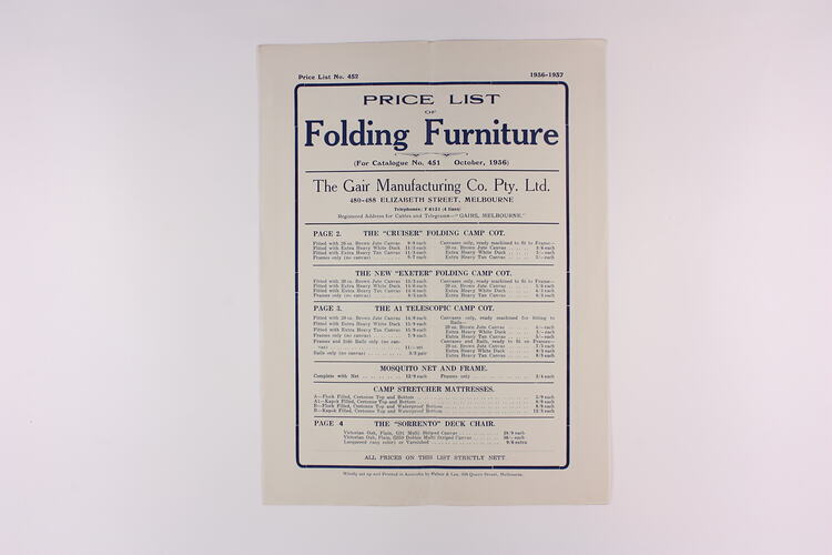Price List - The Gair Manufacturing Co., Folding Furniture, 1936