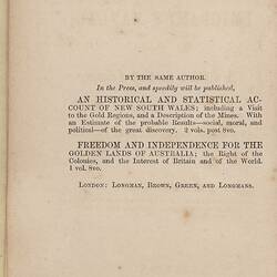 Book - J. D. Lang, 'The Australian Emigrant's Manual', London, 1852
