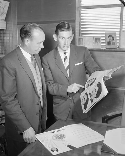 Gloweave Co, Two Men Looking at a Magazine, Victoria, 14 Sep 1959
