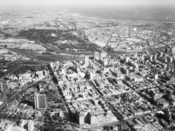 Monochrome aerial photograph of Melbourne.