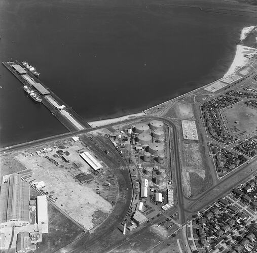 Monochrome aerial photograph of Port Melbourne.