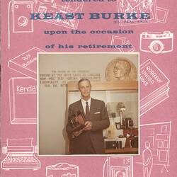 Pink cover with illustrated background and central photograph.