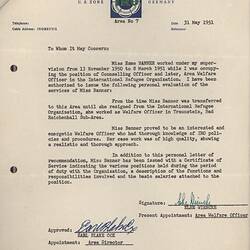 Letter - Testimonial of Service for Esma Banner, International Refugee Organization, 31 May 1951