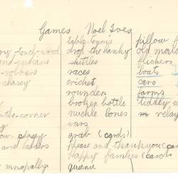 Document - Noel Joes, to Dorothy Howard, List of Games, 1955
