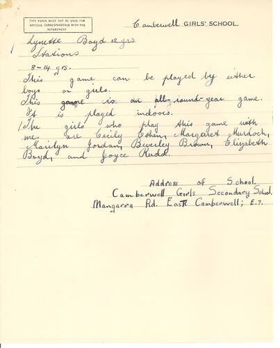 Handwritten game description in blue ink on paper