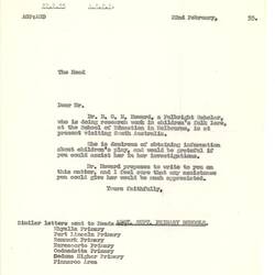 Letter - A. G. Paull, to Dorothy Howard, Copy of Letter Sent to School Headmasters Regarding Assistance with Dr Howard's Research Project, 22 Feb 1955