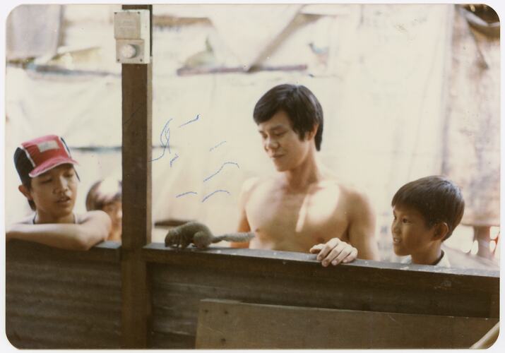 Kitchen Hands Outside Dining Room. Refugee Camp, Pulau Bidong, Malaysia, Apr 1981