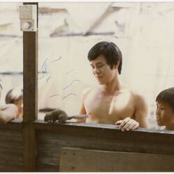 Digital Photograph - Kitchen Hands Outside Dining Room. Refugee Camp, Pulau Bidong, Malaysia, Apr 1981