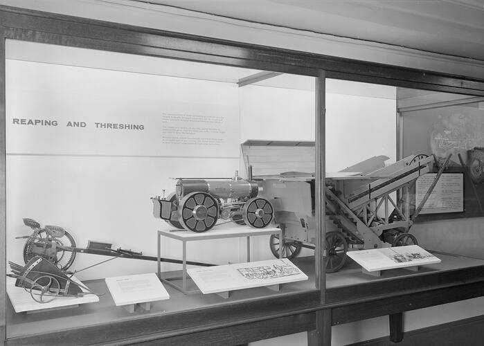 Reaping and threshing display in Swinburne Hall, Science Museum, Melbourne, c. 1970