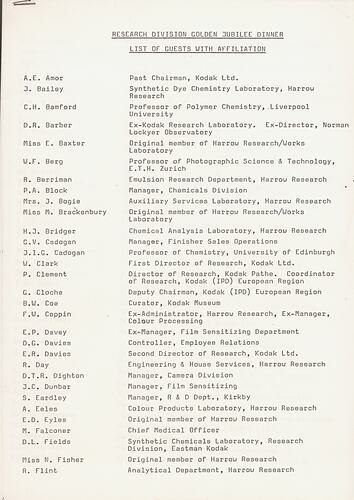 List - 'Research Divisions Golden Jubilee Dinner, List of Guests with Affiliation', Harrow, England, circa 1978