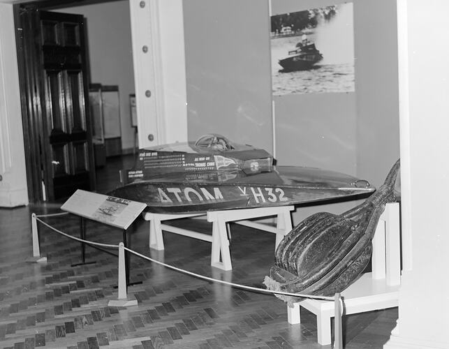 The 'Atom' speedboat at the Science Museum of Victoria, Melbourne, c. 1970