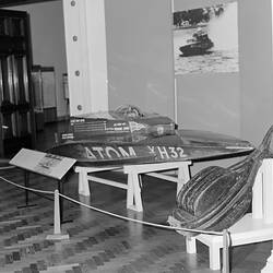 The 'Atom' speedboat at the Science Museum of Victoria, Melbourne, c. 1970