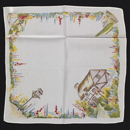 Cream Rayon handkerchief with garden scene.
