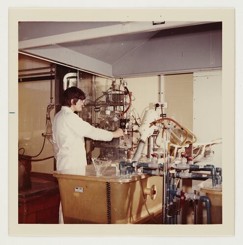 Slide 505, 'Extra Prints of Coburg Lecture', Worker with Laboratory Equipment, Kodak Factory, Coburg, circa 1960s