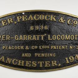 Locomotive Builders Plate - Beyer Peacock & Co. Ltd., Manchester, England, 1940