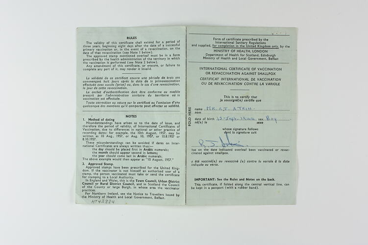 Vaccination Certificate - Smallpox, R.J. Atkin, Ministry of Health, London, 10 Sep 1966