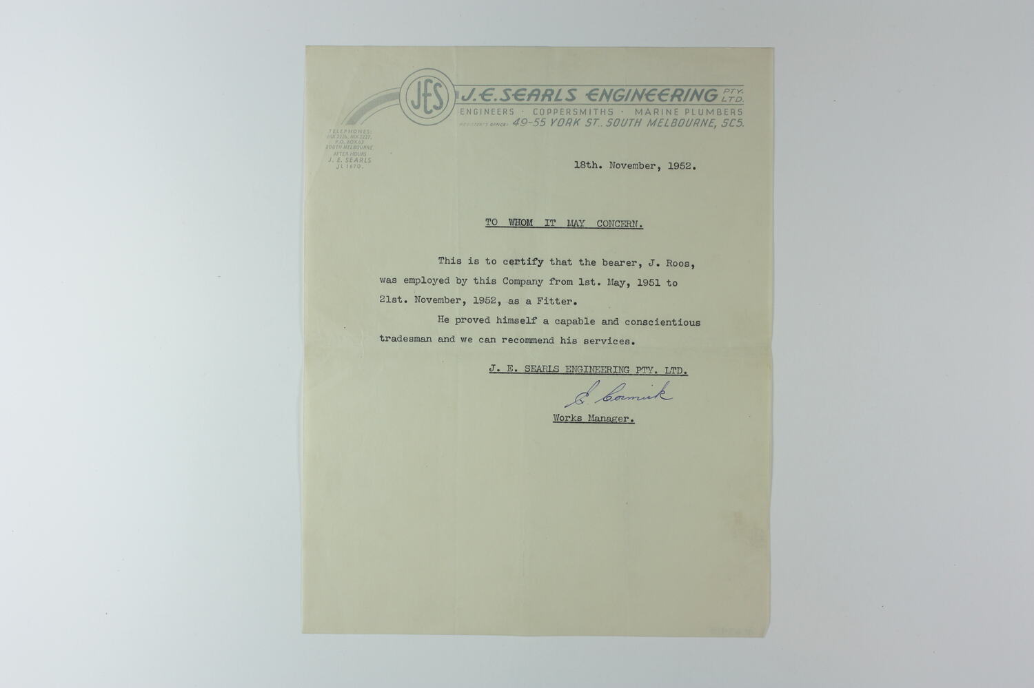 Reference - Employment, J.E. Searls Engineering, South Melbourne, 18 ...