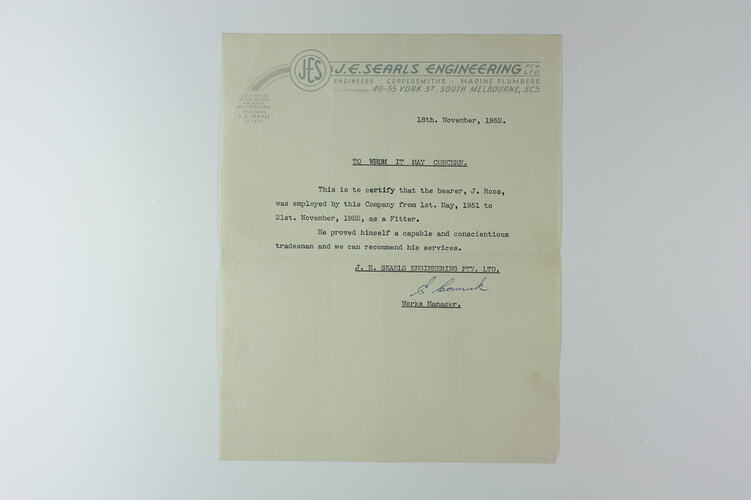 Reference - Employment, J.E. Searls Engineering, South Melbourne, 18 Nov 1952