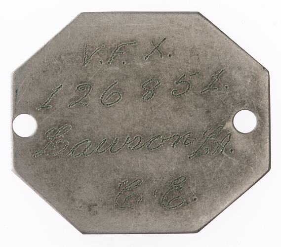 Identity Tag - Corporal Laura Lawson, Metal, World War II, 1943-1945 - Obverse