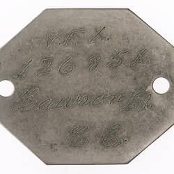 Identity Tag - Corporal Laura Lawson, Metal, World War II, 1943-1945 - Obverse