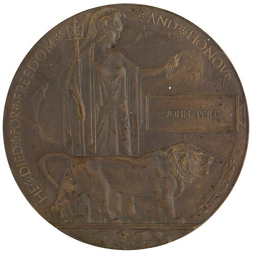 Bronze coloured medal with lion and woman holding trident and wreath.