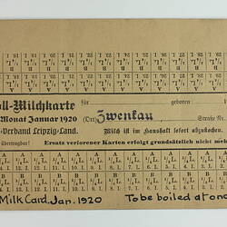 Ration Card - Pure Milk, Leipzig, Germany, Jan 1920