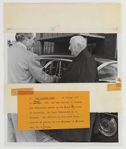 Kodak Australasia Pty Ltd, Prime Minister Robert Menzies Greeted by Henry Foote at the Official Opening of the Kodak Factory, Coburg, 1961
