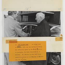 Kodak Australasia Pty Ltd, Prime Minister Robert Menzies Greeted by Henry Foote at the Official Opening of the Kodak Factory, Coburg, 1961