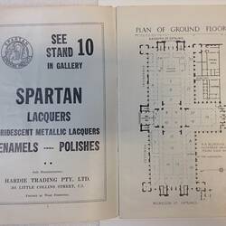 Open catalogue with printed advertisement on left and floorplan on right.