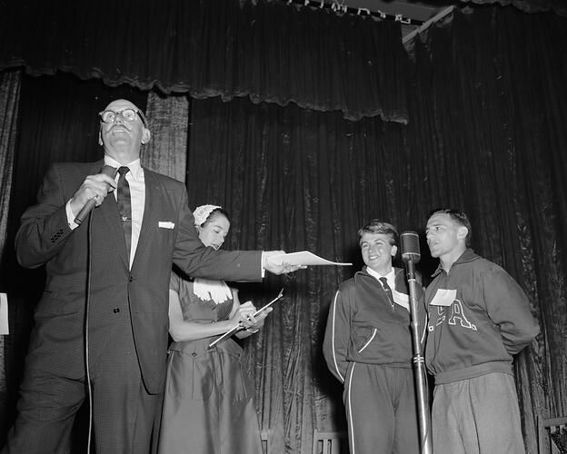 Bob & Dolly Dyer with Olympic Athletes, Melbourne, Victoria, 1956