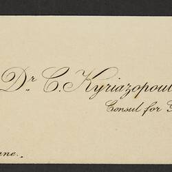 Business Card - Dr. C. Kyriazopoulos, Consul For Greece, Melbourne, 1921-23