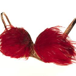 Red feathered brassiere with copper bra, straps.