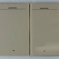 Open booklet, two white pages with black printing. Page 70 and 71.
