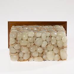 Rectangular shaped model of smooth white cells forming a wall. Wooden base. Top view.