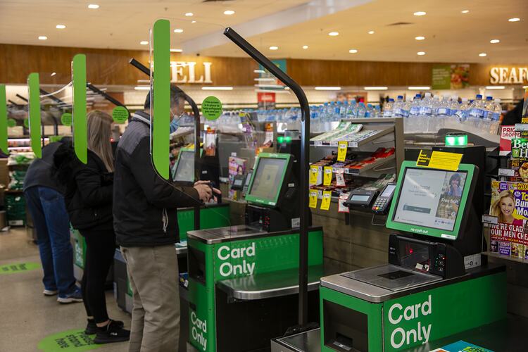 Customers Using Self-Serve Checkout with Sneeze Screens, Woolworths, Blackburn South, May 2020