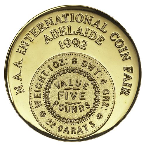 Medal - Adelaide Assay Office Five Pound Commemorative, 1992 AD