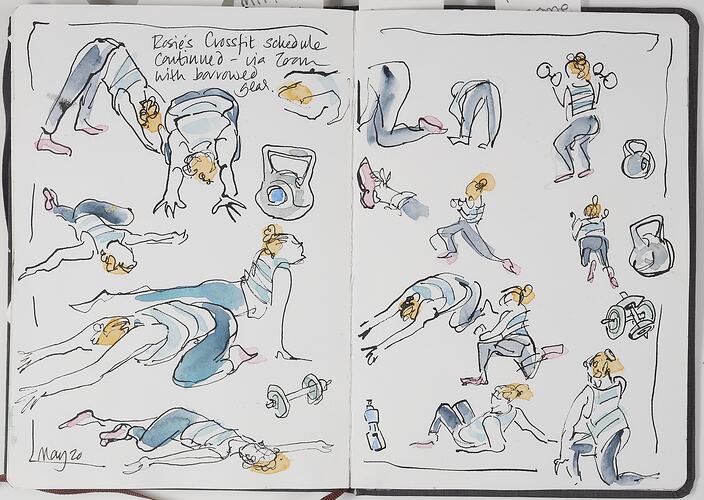 Sketch Of Zoom Crossfit Class Poses At Home During COVID-19, Barwon Heads, May 2020