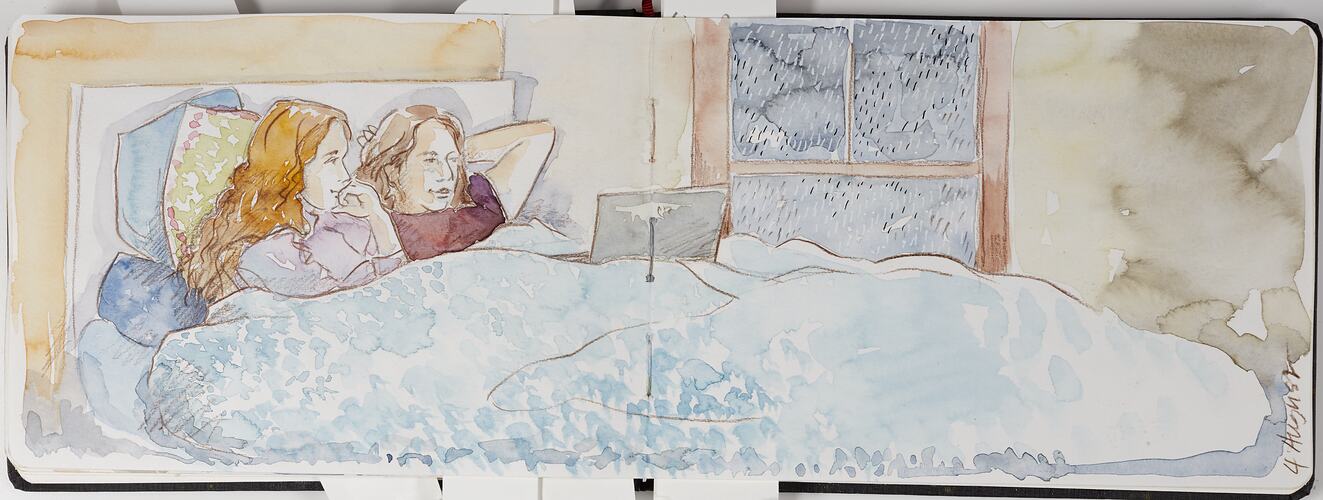 Sketch Of Two Teenagers Watching Laptop Programs In Bed During COVID-19, Barwon Heads, 9 Aug? 2020