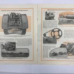 Open pamphlet, six images of tractors. Black and orange printing.