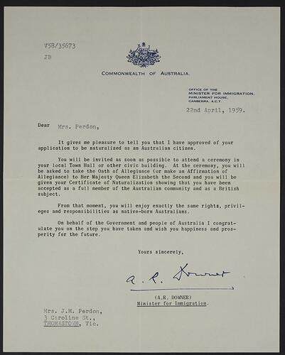 Letter - Naturalization Approval, Minister For Immigration To Johanna Perdon, Thomastown, 22 Apr 1959
